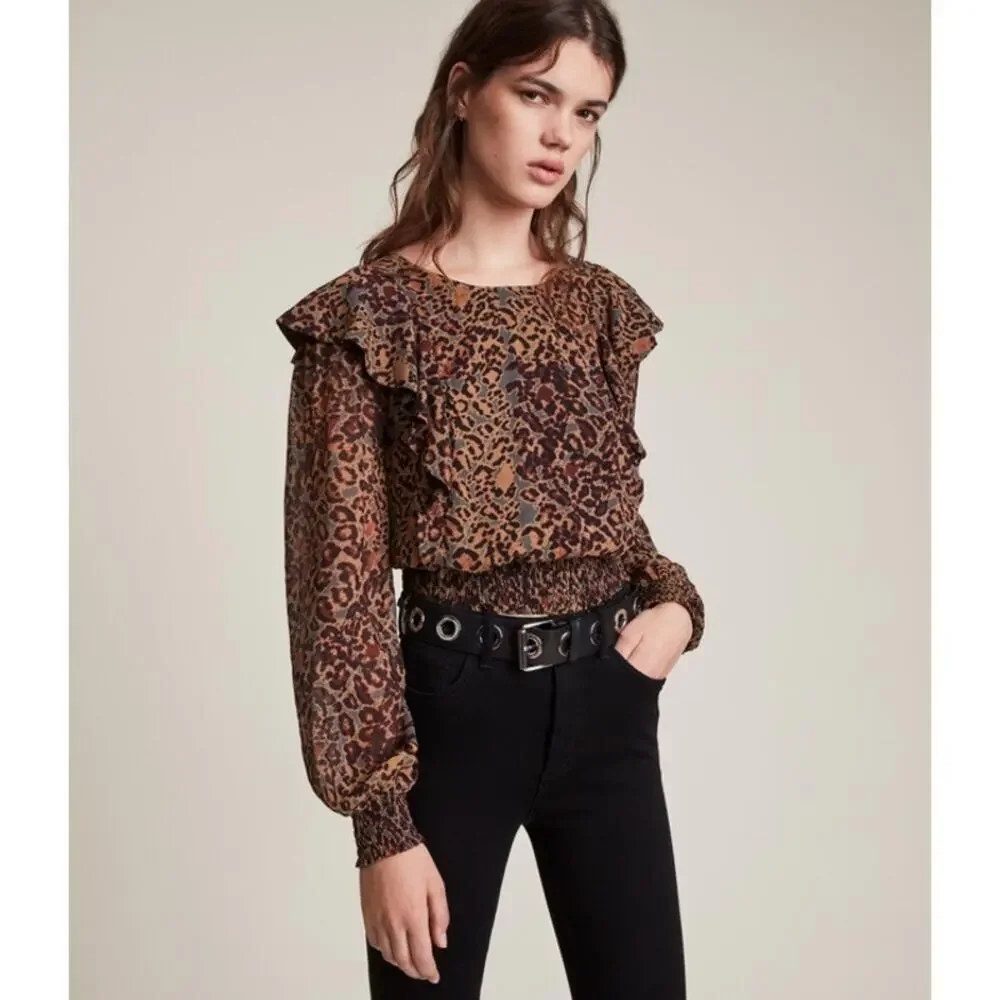 AllSaints Elodie Halftone Animal Print Ruffle Crop Top - Picture 8 of 8